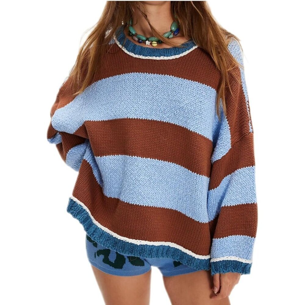 Women's Striped Knit Crew Neck Sweater Oversized Fall Long Sleeve Casual
